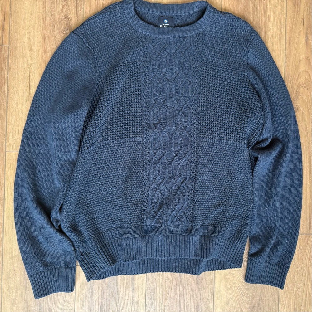 Ben Sherman Original Sweater Fisherman Cable Waffle Knit Cotton Blue XL